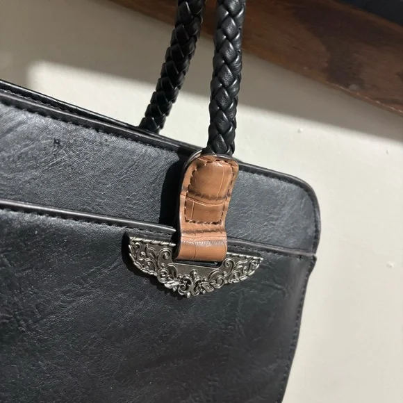 Mixed Media Black Brown Faux Leather Tote Shoulder Purse Document Bag Embossed - Picture 7 of 14